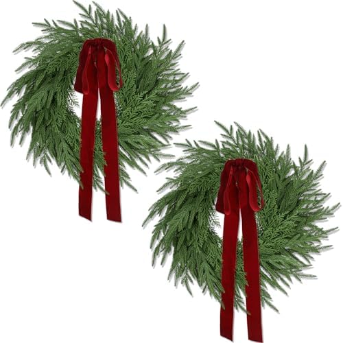 2 Pack Christmas Wreath for Front Door, Artificial Pine Cedar Holiday Wreath with Red Bow, Winter Greenery Wreath for Indoor Outdoor Home Decoration