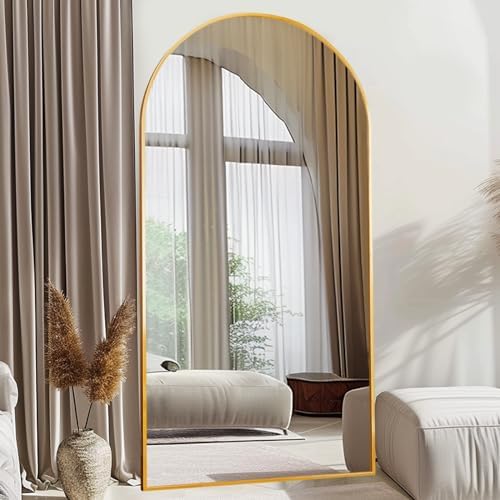 Beauty4U 76" x 34" Large Arched Full Length Mirror with Stand, Gold Wall Mounting Full Body Tempered Mirror, Metal Frame Full-Length Mirror for Living Room, Bedroom