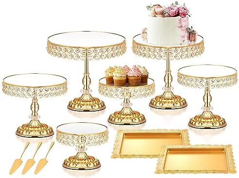 12 Pieces Gold Cake Stand Set, Vintage Cake Display Stand with Crystal Edge and Cupcake Display Tray, Dessert Table Display Set for Wedding Party Baby Shower Anniversary Celebration