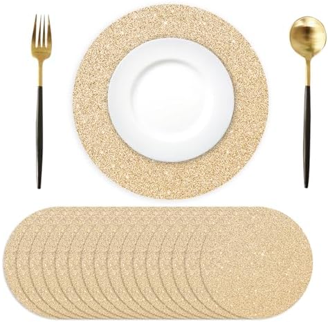 100PCS Light Gold Paper Placemats Disposable 13.4 Inch Shiny Golden Place Mats Round Decorative Glitter Table Mats for Birthday Wedding Mother's Day Party Sparkle Dining Tableware