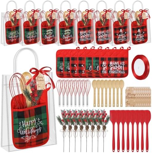 Chengu 58 Pcs Christmas Kitchen Gift Set Merry Christmas Pot Holders Xmas Supplies with Spatula Whisk Card Cooking Baking Gift for Xmas Party Decor Friends Family Baking Lover Presents (Plaid)