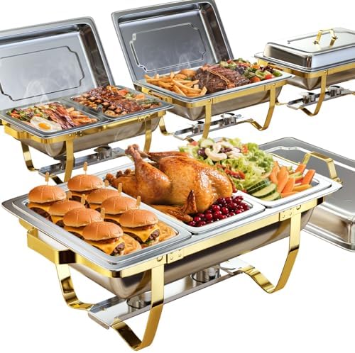 Chafing Dishes for Buffet 4 Pack 7pan, 9QT [Elegant Gold and Silver Colors] Stainless Steel Chafing Dish Buffet Set [Sturdy and High Grade] Chafers and Buffet Warmers Sets