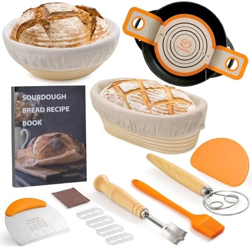 Sourdough Starter Kit, Sourdough Bread Baking Supplies, 9" Round & 10"Oval Rattan Banneton Bread Proofing Baskets Set, Bread baking tools,Silicone bread Sling
