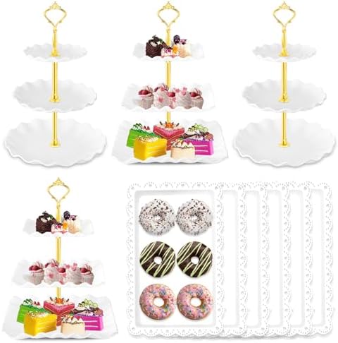 Hoedia 10 Pcs Cake Stand, Plastic Dessert Table Display Set, 4 Pcs 3 Tier Cupcake Stand Tower Holder and 6 Pcs Serving Tray for Tea Party Baby Shower Decorations