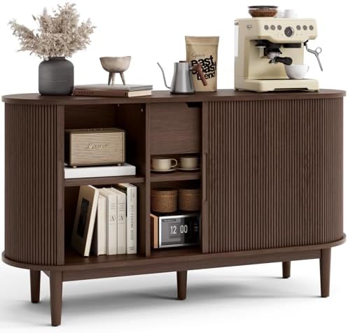 LINSY HOME Sideboard Buffet Cabinet with Storage, 55" Fluted Coffee Bar Cabinet with Tambour Sliding Doors and Drawer, Mid Century Modern Wood Storage Buffet Table for Kitchen, Vintage Walnut