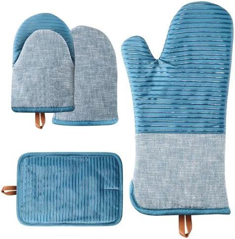 4PCS Oven Mitts Set，Non-Slip Cotton Oven Mitt and Pot Holders – Heat Resistant, Durable，Machine Washable，1 Long Mit, 2 Mini Oven Mitts and 1 Pot Holder (Blue)