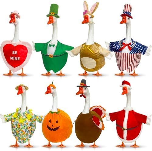 8 Set Holiday Porch Goose Outfits Summer 4th of July Fall Halloween Christmas Valentine's Day St. Patrick Easter All Seasons Theme Goose Costume for 23" Goose Patio Yard Decor