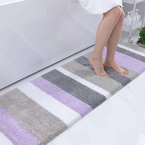 Buganda Microfiber Striped Bathroom Rugs Bath Mat, Extra Thick, Soft and Shaggy, Absorbent, Machine Washable, Bath Rugs for Bathroom, Tub and Shower, 59x20 Inches, Purple-Grey