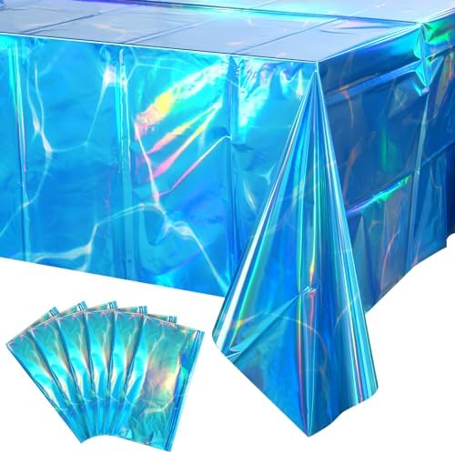 6 Pack Ocean Tablecloths Iridescent Plastic Disposable Table Cloth Rectangle Water Wave Table Covers for Under Sea Ocean Pool Beach Party Decorations, 54 x 108Inch