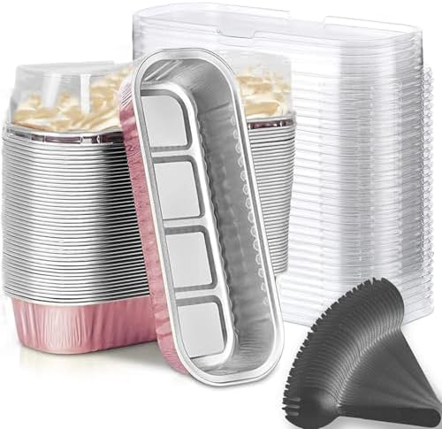 Mini Loaf Baking Pans with Lids and Spoons (50 Pack, 6.8oz) Rectangle Aluminum Foil Baking Pans Tins Containers - Cupcake Containers Wrappers Cheesecake Creme Brulee Ramekins