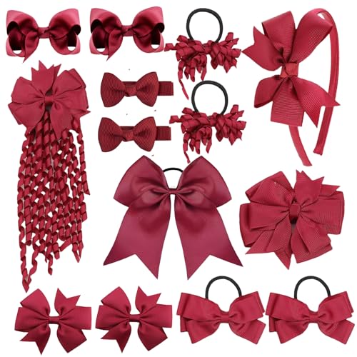 School Hair Accessories Set 14 Pcs Uniform Hair Bow Headband Clips Hair Ties Curly Korker Bows for Little Toddler School Girls (Burgundy)