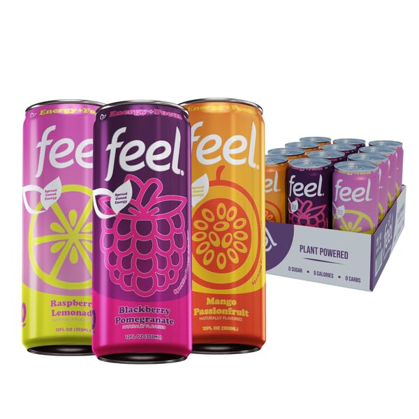 FEEL Zero Sugar Energy Drink – Variety Pack, Natural Caffeine (140mg) with L-Theanine for Focus, Vitamin C for Immunity, Vegan, Non-GMO, No Artificial Sweeteners, 12 Fl Oz Cans (12-Pack)