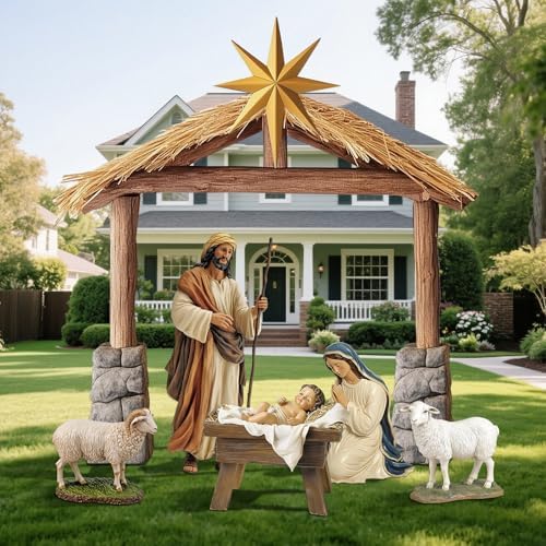 6 Pcs Large Christmas Nativity Scene Set 81" Tall Metal Holy Family Yard Sign with Jesus Joseph Mary Sheep Outdoor Nativity Scene for Christmas Xmas Lawn Garden Outdoor Decor