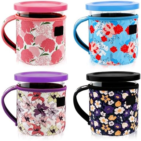 4 Pack Reusable Ice Cream Neoprene Sleeves with Handle,Neoprene Insulated Sleeves for Ninja Creami Pints,16oz 24oz Insulated Sleeves for NC301 NC300 NC299AMZ Series. (24oz，cute flower)