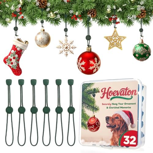 32 PCS Adjustable Christmas Ornament Hooks, Hoevaton Non-Slip Hanger Hooks for Hanging Small & Large Heavy Ornaments, Xmas Ornament Hanging Hooks for Holiday Tree Decorations (Green, 32 Count)