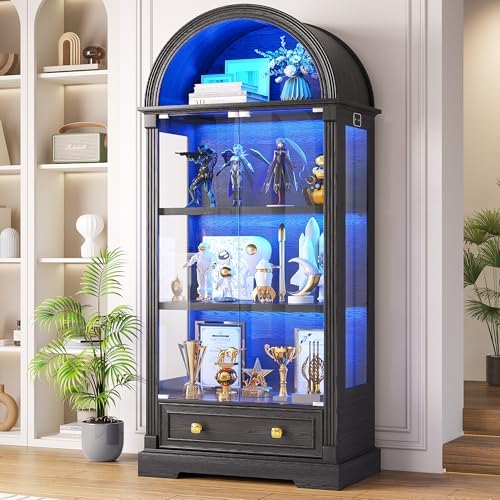 Black Curio Cabinet with Glass Doors, 72" Tall Arched Display Cabinet with Human Sensor Lights, 4-Tier Display Case for Collectibles Bookcase Living Room