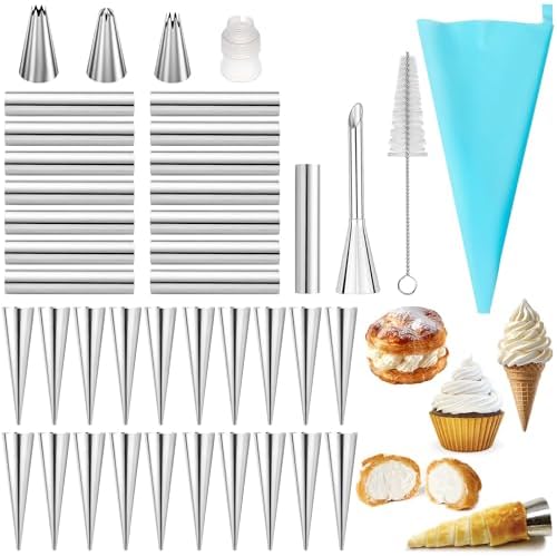 42pcs Cannoli Forms Tubes Kit With Piping Bags Reusable,Non-stick Stainless Steel 20pcs Cone Shaped and 15pcs Tubular Shaped Baking Molds for Danish Pastry Lady Lock Form Cream Roll Croissant