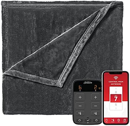 Sunbeam Velvet WiFi Connected Dual Temperature Warm Thermal Heated Electric Blanket with Controller, App, and Voice Assistant, King, Slate Gray