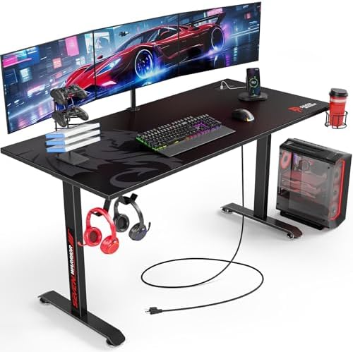 SEVEN WARRIOR Gaming Desk 55’’, T-Shaped Carbon Fiber Surface Computer Desk with Full Mouse Pad, Gamer Desk with Headphone Hook, USB Rack, Cup Holder