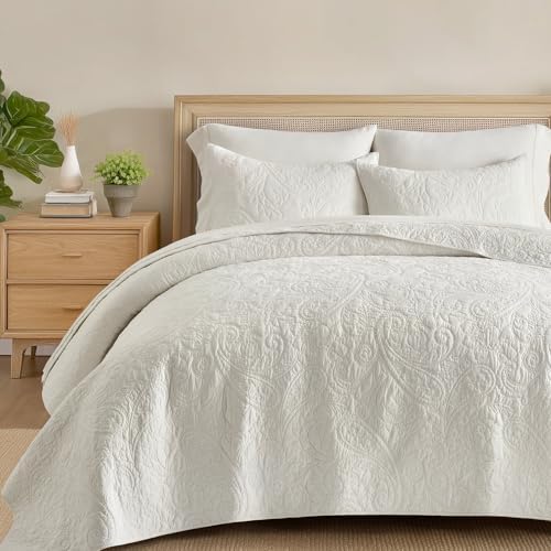 EVERGRACE 100% Cotton Paisley Quilt Set, King Size 3 Piece Set – Prewashed Lightweight Bedspread with 2 Shams, Soft & Breathable Matelasse Coverlet for All-Season Comfort, Bright White