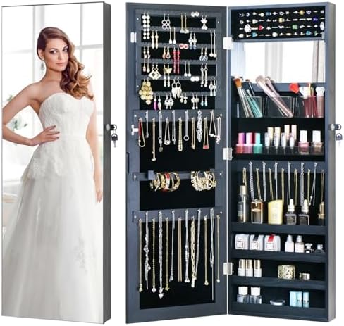 Full Length Mirror Jewelry Cabinet - 2-in-1 Organizer for Makeup and Jewelry,Lockable Door Wall-Mounted Jewelry Armoire with Shelves and Behind the Door Storage Black