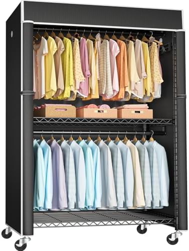 FUTASSI Black Clothing Rack with Black Cover, P1C Plus Rolling Closet with Wheels, Metal Garment Rack for Hanging Clothes, Clothing Storage Wardrobe, 46" W x 18.5" D x 80.7" H, Load 524 Pounds