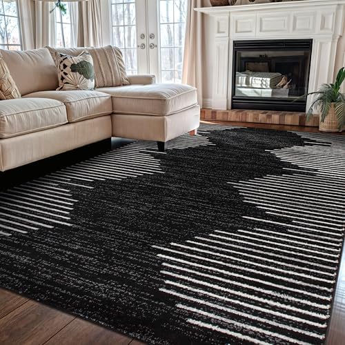 Rugshop Bohemian Stripe Stain Resistant High Traffic Living Room Kitchen Bedroom Dining Home Office Area Rug 5' x 7' Black
