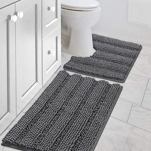 H.VERSAILTEX Bathroom Rugs Bath Rug Set 2 Piece Bathroom Contour Rug Toilet Mat Sets Non Slip Contour Bath Rug Ultra Thick Water Absorbent Striped Bath Mats Washable(20" x 32" Plus 20" x 20" U, Grey)
