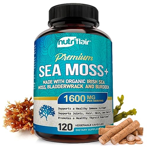 NutriFlair Organic Irish Sea Moss 1600mg, 120 Capsules Plus Bladderwrack & Burdock - Prebiotic Super Food - Immune System & Digestive Health - Thyroid, Healthy Skin, Keto Detox, Gut, Joint Support
