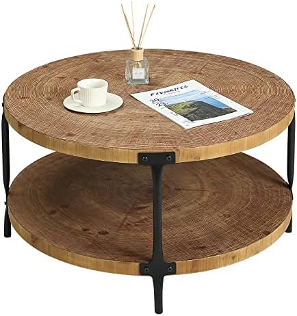 Round Boho Wood Coffee Table - 29.1" Farmhouse Natural Circle Wooden 2-Tier Coffee Tables Living Room Furniture, 29.1" D x 18.3" H, Natural Wood Color