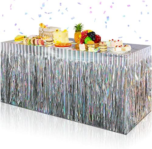4 Pack Iridescent Table Skirt, Metallic Foil Fringe Tinsel Table Skirts for Rectangle Tables, Disposable Laser Rainbow Table Skirt Iridescent Party Decorations for Birthday Wedding Holiday, 29x108Inch