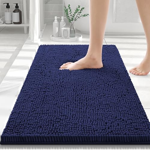 Smiry Luxury Chenille Bathroom Rugs 30x20, Extra Soft and Absorbent Shaggy Bath Mat, Machine Washable, Non-Slip Plush Carpet Runner for Tub, Shower, and Floor, Home Decor Accessories, Navy Blue