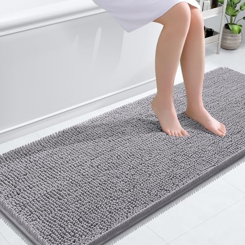 OLANLY Bathroom Rugs 59x24, Extra Soft Absorbent Chenille Bath Rugs, Rubber Backing Quick Dry, Machine Washable Bath Mats for Bathroom Floor, Tub and Shower, Home Decor Accessories, Grey