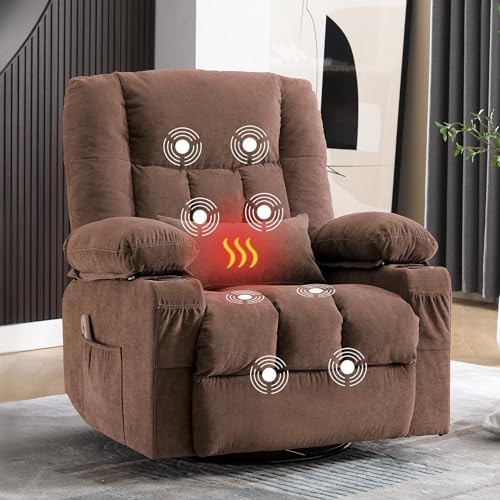 Massage Swivel Recliner Chair with Vibration Massage and Lumbar Heating for Adults,Oversized Rocker Recliner Single Sofa with Side Pocket,Two Cup Holders and USB Charge Port for Living Room