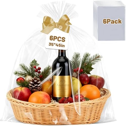 QOIUSO 6PCS Extra Large Cellophane Bags 35x45 Inch - 2.8 Mil Thick Clear Cellophane Wrap for Gift Baskets, Large Christmas Cellophane Gift Bags for Wine, Fruit, Candy & Party Gift Wrapping