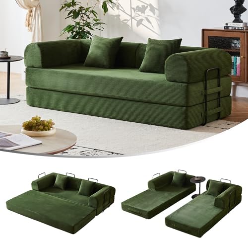 5-in-1 Convertible Sofa Bed | 79" Modular Sleeper with Fixed Frame & No Assembly | Boneless Compression & Pull Out Bed | Corduroy with High-Resilience Foam for Small Spaces, Apartments (Green)
