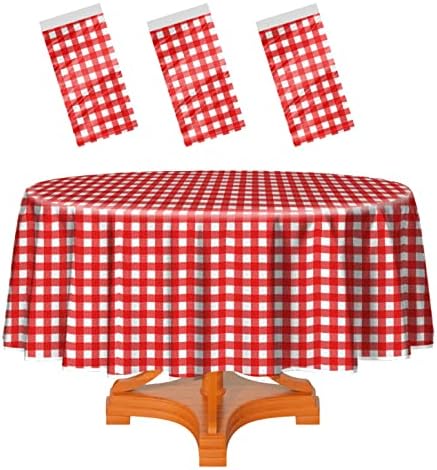 HEIPINIUYE 3 Pack Red Gingham Tablecloth Round 84 × 84 Inch Red and White Checkered Table Cover Disposable Round Tablecloth for Tables Picnic Birthday Christmas Party Plastic Table Cloth