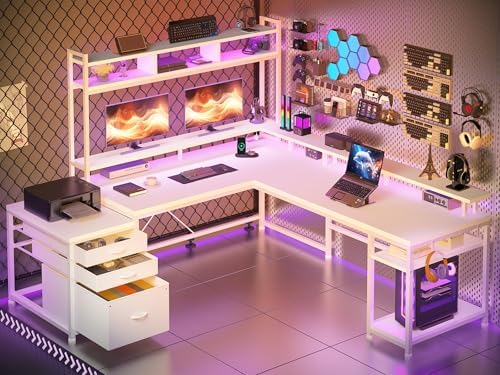 EnHomee 64 x 60 Inches L Shaped Desk with Hutch and Drawers, Gaming Desk with Led Lights, Reversible Corner Computer Desk with Monitor Shelf, Two Person Desk with Power Outlet for Home Office, White