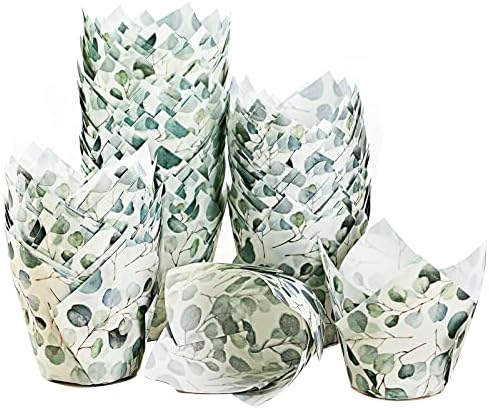 Funtery 200 Pcs Green Tulip Cupcake Wrappers Liners Tulip for Baking Eucalyptus Cupcake Liners Mini Baby Shower Baking Rustic Wedding Birthday Party Decorations for Bridal Shower Festival Party