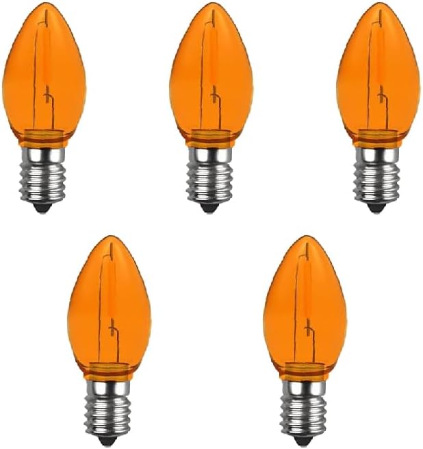 5 Pack C7 Orange LED Replacement Christmas Light Bulbs,E12 Candelabra Base, Shatterproof Plastic, for Christmas Outdoor String Lights (Orange)