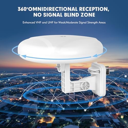 1byone Outdoor TV Antenna 360° Omni-Directional Reception Long 100+ Miles Range Enhance VHF&UHF 4K Ready HDTV Antenna with Added Stability for Outdoor/Attic/RV Use - 39ft RG6 Coax Cable