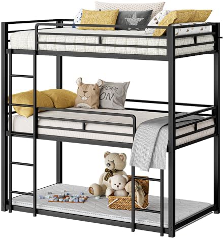 LIKIMIO Bunk Bed, Triple Bunk beds Twin Over Twin Over Twin with 2 Ladders, Metal Frame with Guardrails for Bedroom, No Box Spring Needed