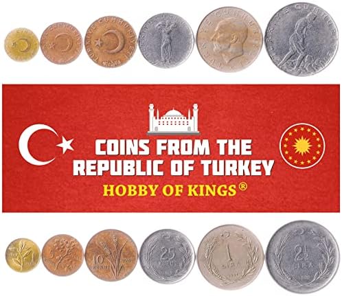 6 Coins from Turkey | Turkish Coin Set Collection 1 5 10 25 Kurus 1 2 1/2 Lira | Circulated 1958-1968 | Mustafa Kemal Atatürk | Crescent and Star