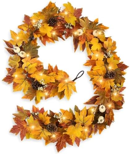 Fall Garland with Lights Outdoor 6FT Autumn Fall Leaves Garland with Pinecones Berries 30 Warm Lights Thanksgiving Christmas Fall Decorations for Home Table Farmhouse Porch Fireplace (Fall Orange)