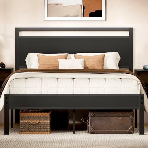 Z-hom Queen Bed Frame with Modern Wood Headboard & Footboard, Upgraded Heavy Duty Metal Sturdy Bed Frame Queen Size, Stable Platform Bed Furniture Bed Storage, No Noise, No Box Springs, Black