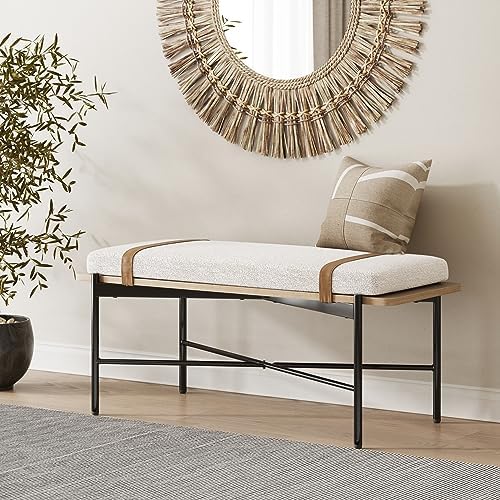 Nathan James Thatcher Upholstered Entryway Bench with Removable Boucle Cushion, Vegan Leather Straps, and Matte Black Metal Legs