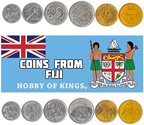 6 Coins from Fiji | Fijian Coin Set Collection 5 10 20 50 Cents 1 2 Dollars | 2012-2017 | Flying Fox | Foxface Rabbitfish | Shining Parrot | Banded Iguana | Throwing Club | Saqa Moli | Sperm Whale