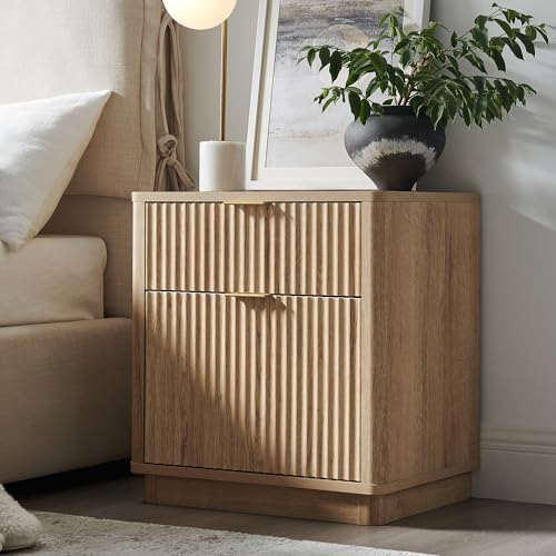 T4TREAM 23'' Fluted Nightstand with Charging Station, Large 2 Drawer Bedside Table, Modern End Table with Storage, Mid Century Night Stand for Bedroom, Living Room, Curved Profile, Natural Oak