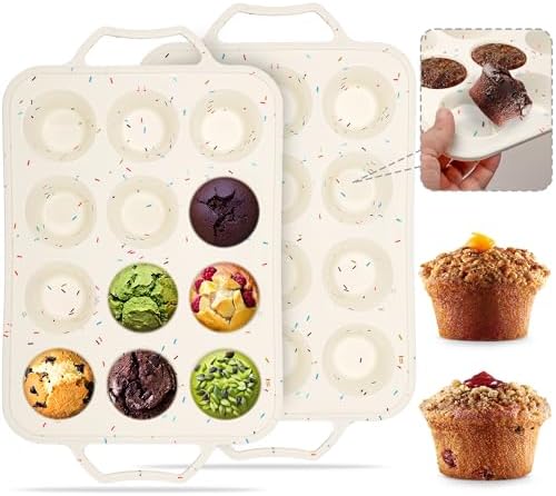 2 Pack Silicone Muffin Pans for Baking with Metal Reinforced Frame, 12 Cup Cupcake Baking Pans Nonstick for Oven, BPA Free Silicone Muffin Tin for Egg Bites Cake, Easy Pop Out & Dishwasher Safe