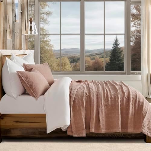EVERGRACEHOME Stonewashed Cotton Quilt Set King Size, Ultra Soft Oversized Bedspread Coverlet Set, Lightweight Crinkle Box Stitch Bedding Sets for All Season, with 2 Shams, Terracotta Clay